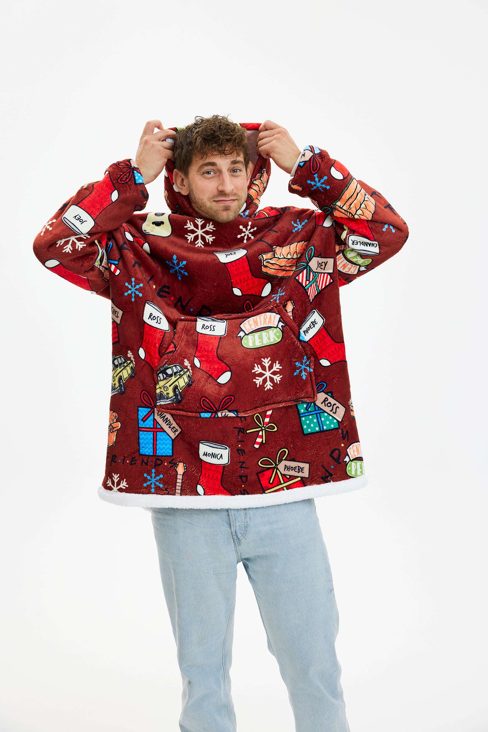 Roter Weihnachtspullover Herren mit bunten Geschenk- und Schneeflockenmotiven, lässiger Friends Dreamhoodie.